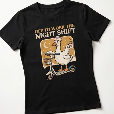 Cartoon nurse goose with stethoscope and text about night shift — printed on a women's shirt