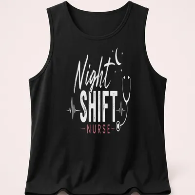 Modern typography on a shirt reading 'Night Shift Nurse' in white and pink — printed on a tank top