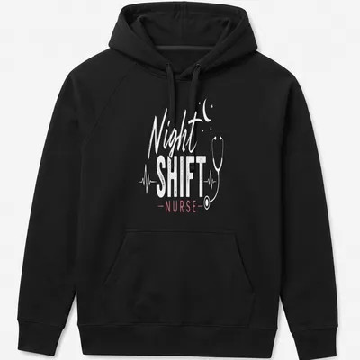 Modern typography on a shirt reading 'Night Shift Nurse' in white and pink — printed on a unisex hoodie