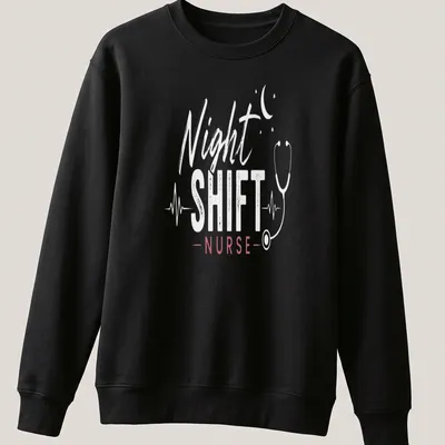 Modern typography on a shirt reading 'Night Shift Nurse' in white and pink — printed on a unisex sweatshirt