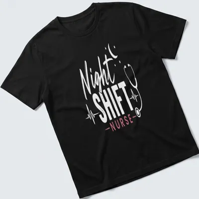 Modern typography on a shirt reading 'Night Shift Nurse' in white and pink