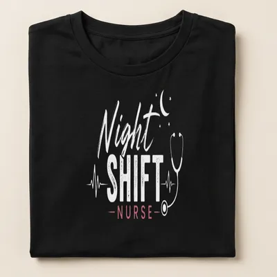 Modern typography on a shirt reading 'Night Shift Nurse' in white and pink — printed on a women's shirt
