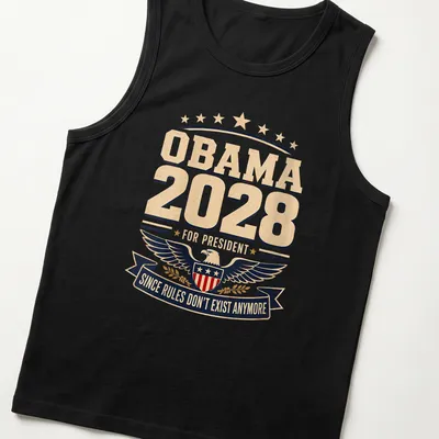 Vintage distressed shirt with eagle shield and printed text about Obama 2028 — printed on a tank top