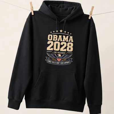 Vintage distressed shirt with eagle shield and printed text about Obama 2028 — printed on a unisex hoodie