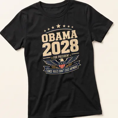 Vintage distressed shirt with eagle shield and printed text about Obama 2028 — printed on a women's shirt
