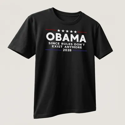 Vintage styled Obama t-shirt with humorous political text in red, white, and blue. — printed on a unisex t-shirt (angled view)