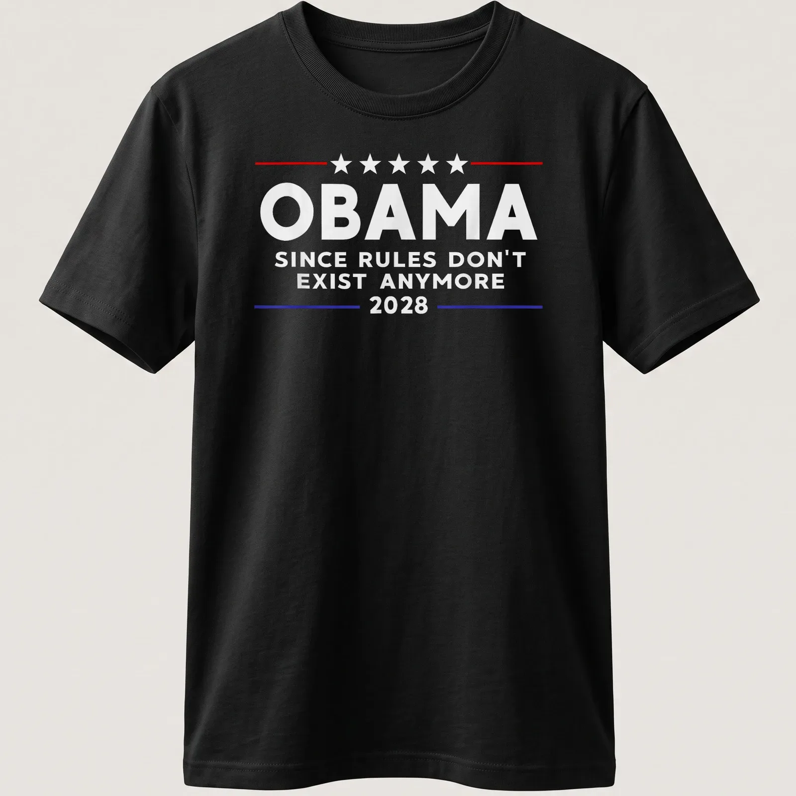 Vintage styled Obama t-shirt with humorous political text in red, white, and blue. — printed on a unisex t-shirt