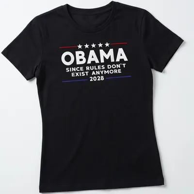 Vintage styled Obama t-shirt with humorous political text in red, white, and blue. — printed on a women's shirt
