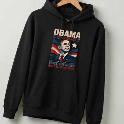 Vintage propaganda style t-shirt featuring text about Obama 2028 campaign. — printed on a unisex hoodie