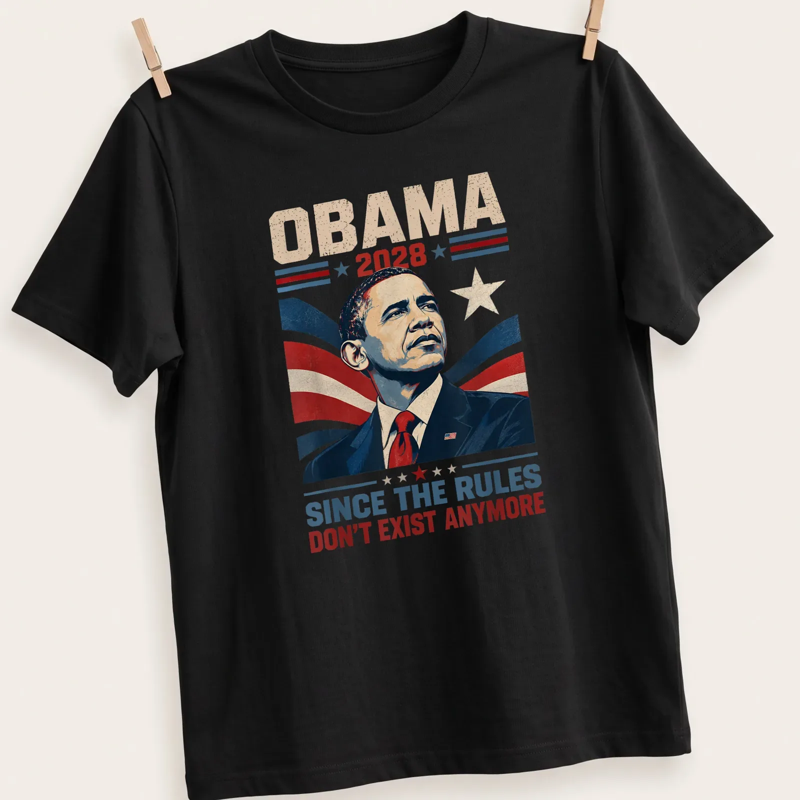Vintage propaganda style t-shirt featuring text about Obama 2028 campaign. — printed on a unisex t-shirt