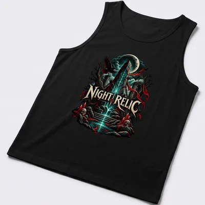 Illustration of an occult obelisk with the text Night Relic, in dark fantasy style. — printed on a tank top