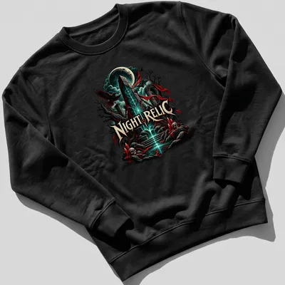 Illustration of an occult obelisk with the text Night Relic, in dark fantasy style. — printed on a unisex sweatshirt