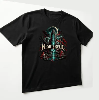 Illustration of an occult obelisk with the text Night Relic, in dark fantasy style. — printed on a unisex t-shirt (angled view)
