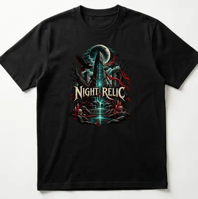 Illustration of an occult obelisk with the text Night Relic, in dark fantasy style. — printed on a unisex t-shirt