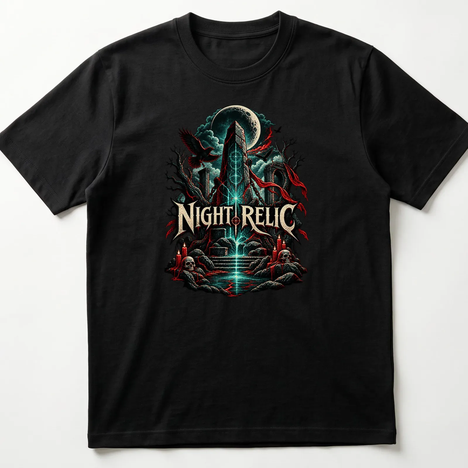 Illustration of an occult obelisk with the text Night Relic, in dark fantasy style. — printed on a unisex t-shirt