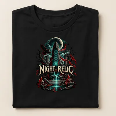 Illustration of an occult obelisk with the text Night Relic, in dark fantasy style. — printed on a women's shirt