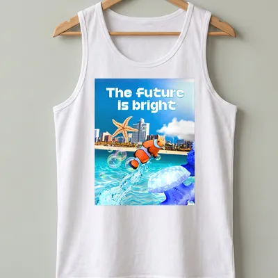 Vibrant digital art of ocean scene with clownfish and starfish and bright text — printed on a tank top