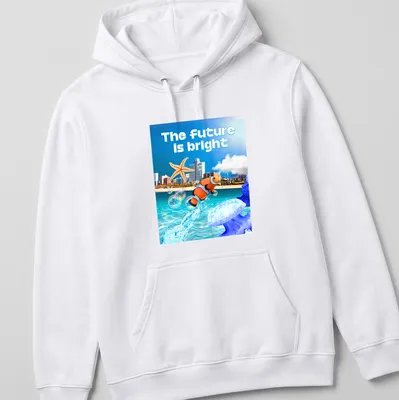 Vibrant digital art of ocean scene with clownfish and starfish and bright text — printed on a unisex hoodie