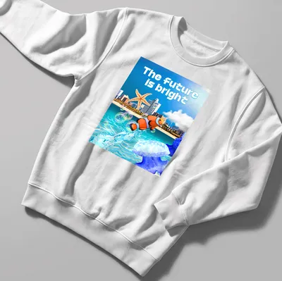 Vibrant digital art of ocean scene with clownfish and starfish and bright text — printed on a unisex sweatshirt