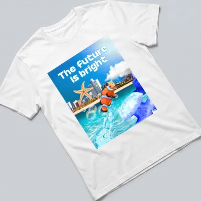 Vibrant digital art of ocean scene with clownfish and starfish and bright text — printed on a unisex t-shirt