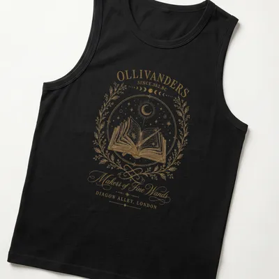 Vintage illustration of Ollivanders with wand and book in gold and cream — printed on a tank top