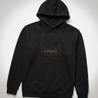 Vintage illustration of Ollivanders with wand and book in gold and cream — printed on a unisex hoodie