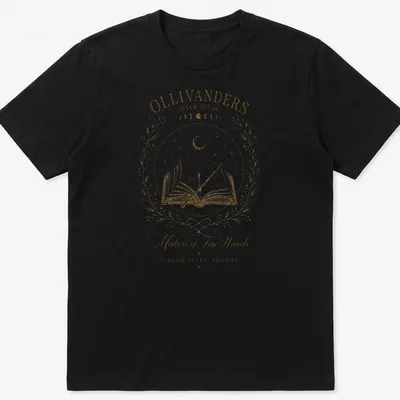Vintage illustration of Ollivanders with wand and book in gold and cream — printed on a unisex t-shirt