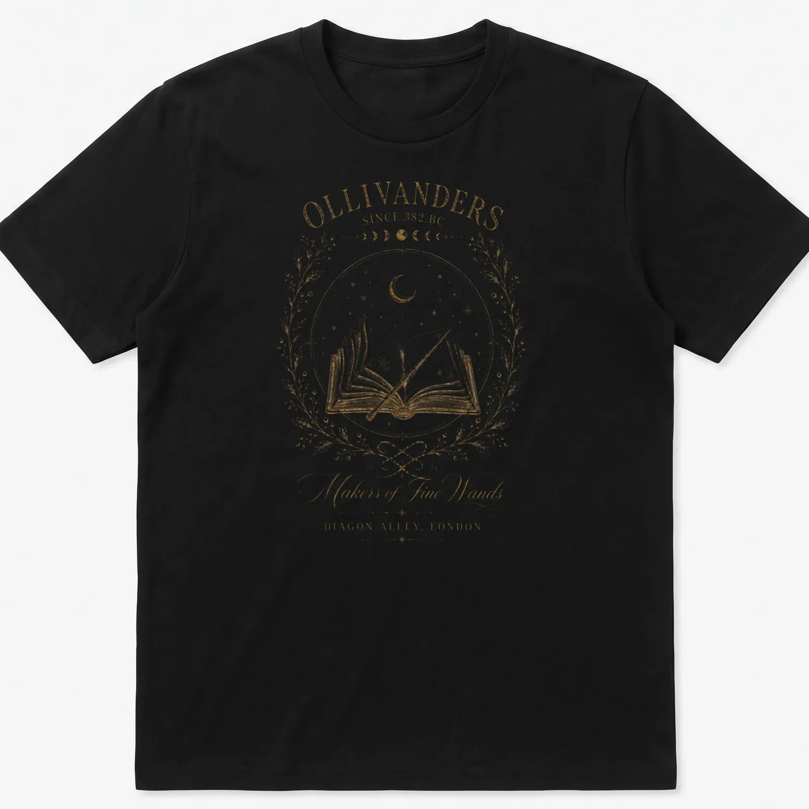 Vintage illustration of Ollivanders with wand and book in gold and cream — printed on a unisex t-shirt