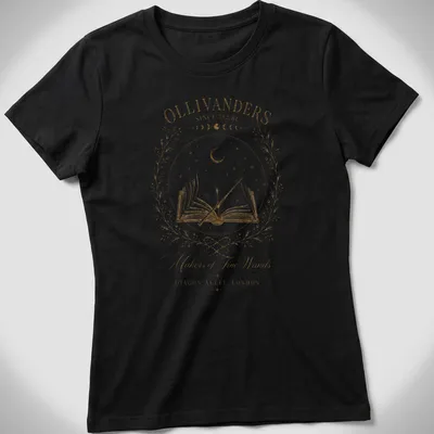 Vintage illustration of Ollivanders with wand and book in gold and cream — printed on a women's shirt