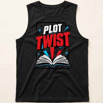 Bold comic style t-shirt featuring the phrase 'PLOT TWIST' over an open book illustration. — printed on a tank top
