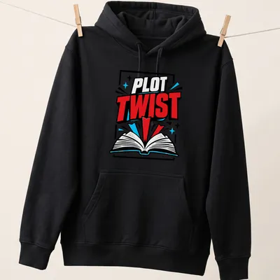 Bold comic style t-shirt featuring the phrase 'PLOT TWIST' over an open book illustration. — printed on a unisex hoodie