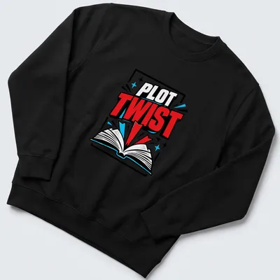 Bold comic style t-shirt featuring the phrase 'PLOT TWIST' over an open book illustration. — printed on a unisex sweatshirt