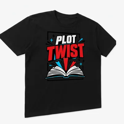 Bold comic style t-shirt featuring the phrase 'PLOT TWIST' over an open book illustration. — printed on a unisex t-shirt (angled view)