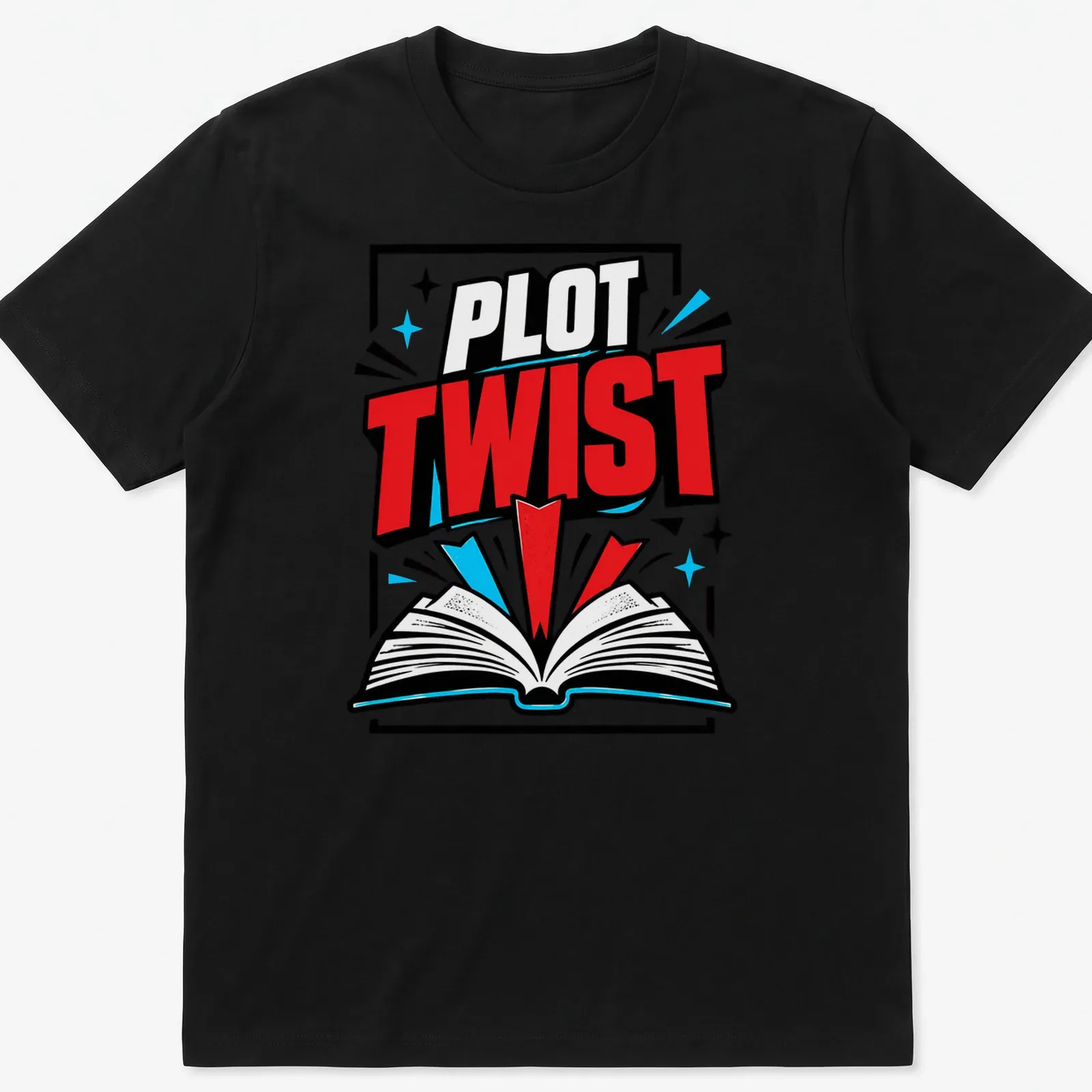 Bold comic style t-shirt featuring the phrase 'PLOT TWIST' over an open book illustration. — printed on a unisex t-shirt