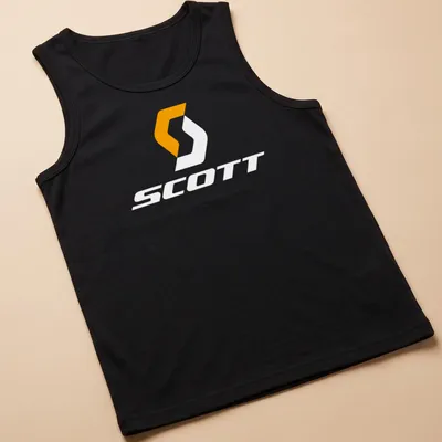 Modern typography T-shirt featuring the Scott bike logo in orange and white — printed on a tank top