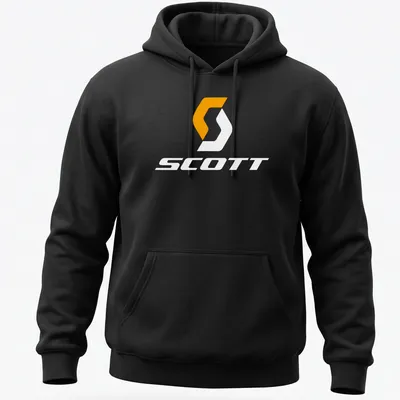 Modern typography T-shirt featuring the Scott bike logo in orange and white — printed on a unisex hoodie