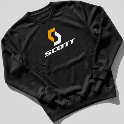 Modern typography T-shirt featuring the Scott bike logo in orange and white — printed on a unisex sweatshirt