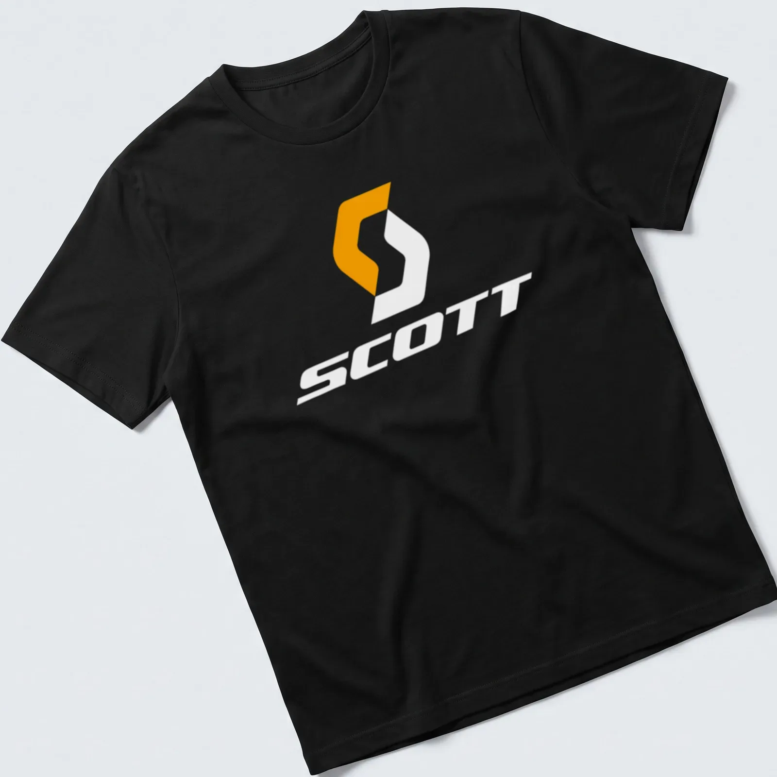 Modern typography T-shirt featuring the Scott bike logo in orange and white — printed on a unisex t-shirt