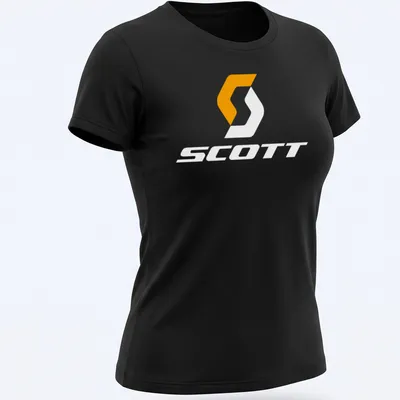 Modern typography T-shirt featuring the Scott bike logo in orange and white — printed on a women's shirt