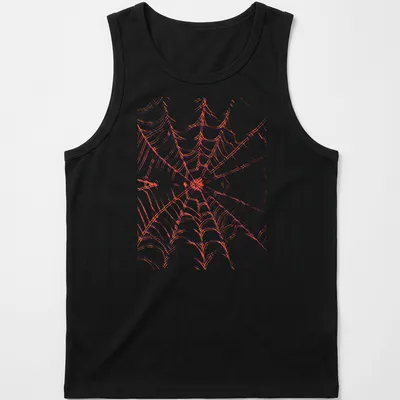 Illustration of a detailed orange spiderweb on a blue and white background. — printed on a tank top