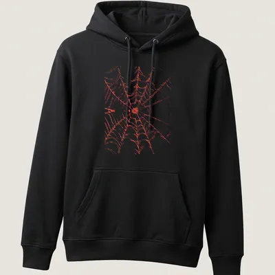 Illustration of a detailed orange spiderweb on a blue and white background. — printed on a unisex hoodie