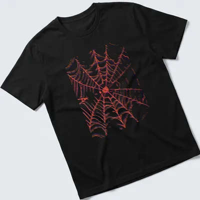 Illustration of a detailed orange spiderweb on a blue and white background. — printed on a unisex t-shirt