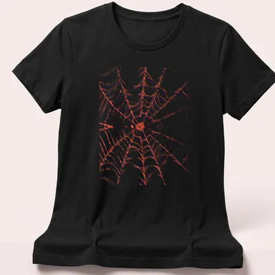Illustration of a detailed orange spiderweb on a blue and white background. — printed on a women's shirt
