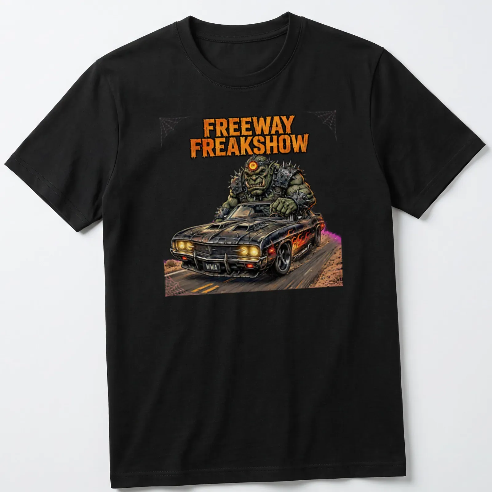Comic book-style print of an orc muscle car with vibrant colors — printed on a unisex t-shirt