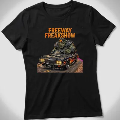 Comic book-style print of an orc muscle car with vibrant colors — printed on a women's shirt