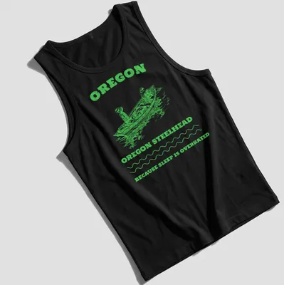 Vintage illustration of anglers on a fishing boat with text about Oregon steelhead fishing — printed on a tank top