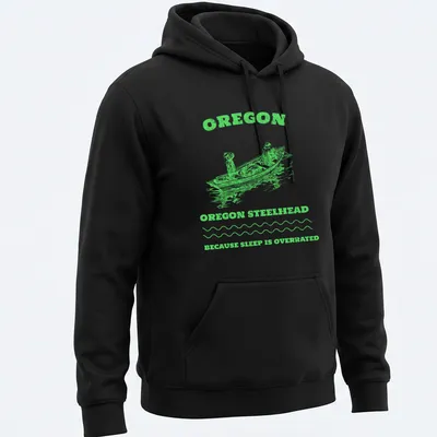 Vintage illustration of anglers on a fishing boat with text about Oregon steelhead fishing — printed on a unisex hoodie
