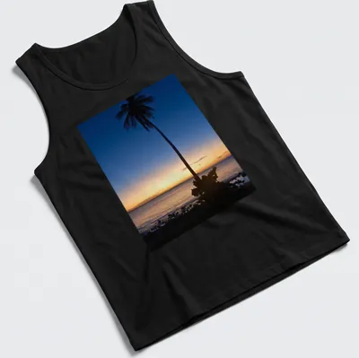 Silhouette of a palm tree against a colorful sunset horizon. — printed on a tank top