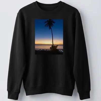 Silhouette of a palm tree against a colorful sunset horizon. — printed on a unisex sweatshirt