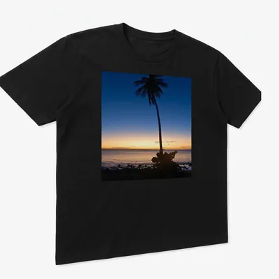 Silhouette of a palm tree against a colorful sunset horizon. — printed on a unisex t-shirt (angled view)
